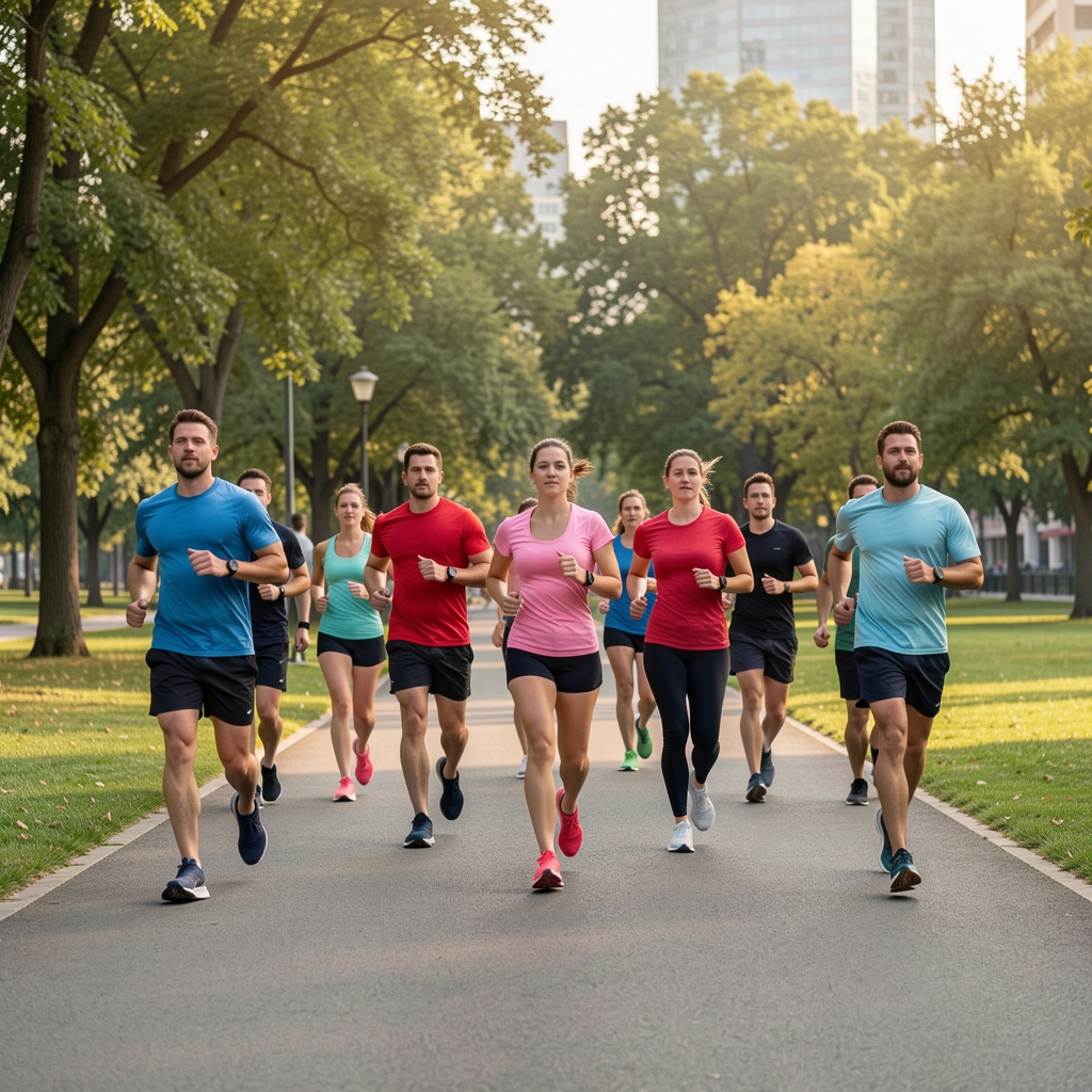 Gruppe von Menschen beim ruhigen Joggen auf einem asphaltierten Weg in einem Stadtpark — dokumentarisches Bild alltäglicher körperlicher Aktivität