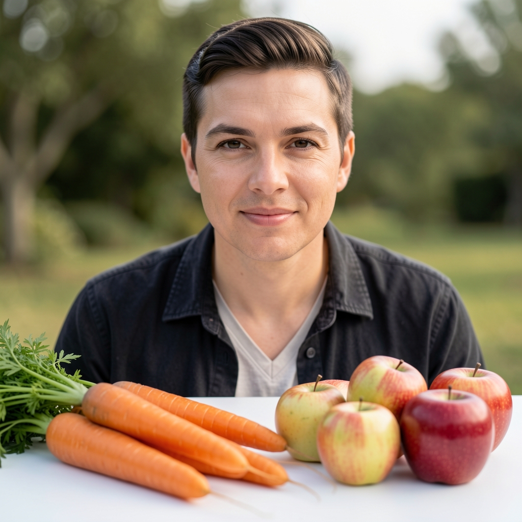 Saisonales Obst und Gemüse ordentlich auf einer hellen Fläche angeordnet — dokumentarische Draufsicht auf farbige Karotten, Rote Bete und Äpfel