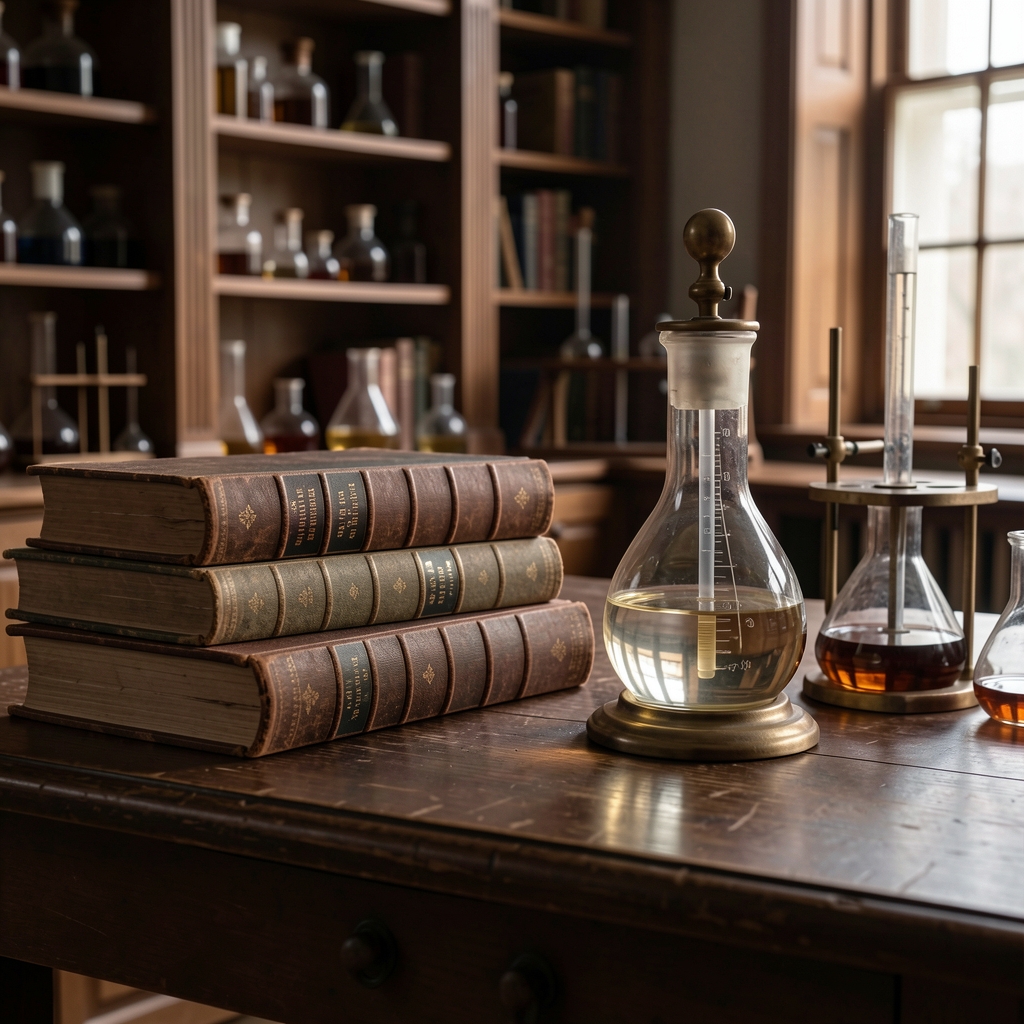 Alte wissenschaftliche Bücher und ein antikes Messglas auf einem dunklen Holztisch — historische Stimmung eines Forschungslabors aus dem 19. Jahrhundert