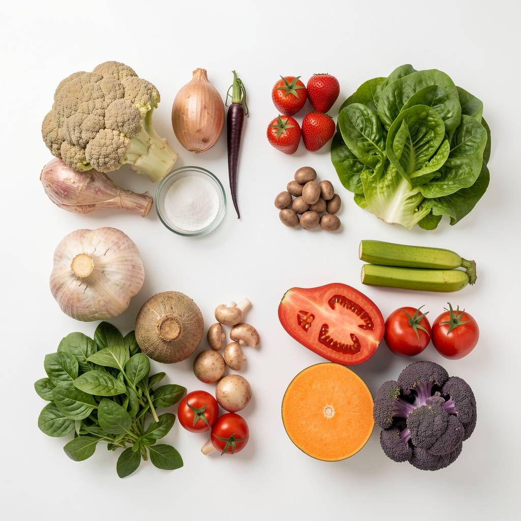 Verschiedene frische Lebensmittel symmetrisch auf einem weißen Hintergrund angeordnet — neutrale wissenschaftliche Komposition ohne Verarbeitungsprodukte
