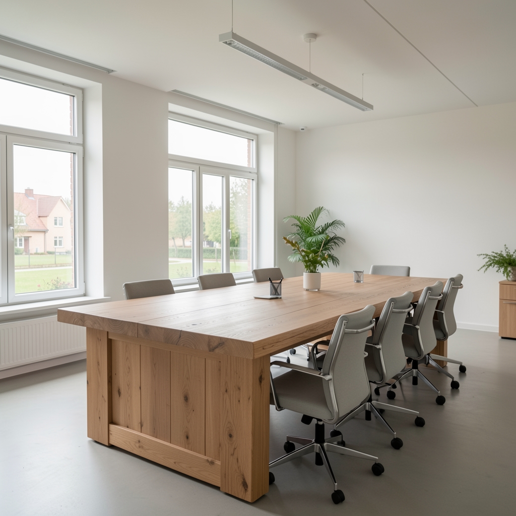 Moderner heller Büroraum mit großem Holztisch und klaren Fensterfronten — dokumentarisches Bild eines ruhigen Arbeitsplatzes in Deutschland